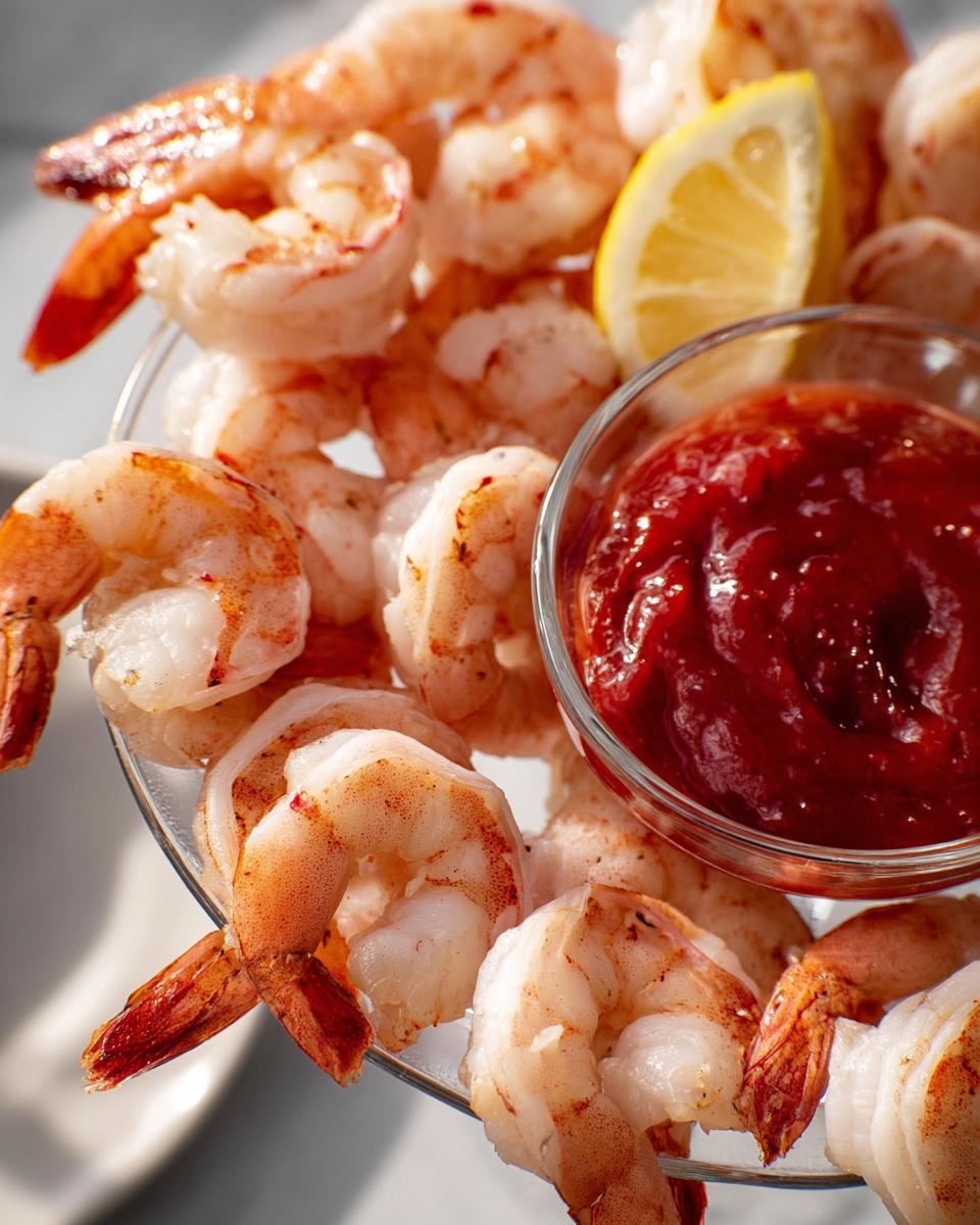 A platter of perfectly cooked shrimp recipes served with cocktail sauce and a lemon wedge.