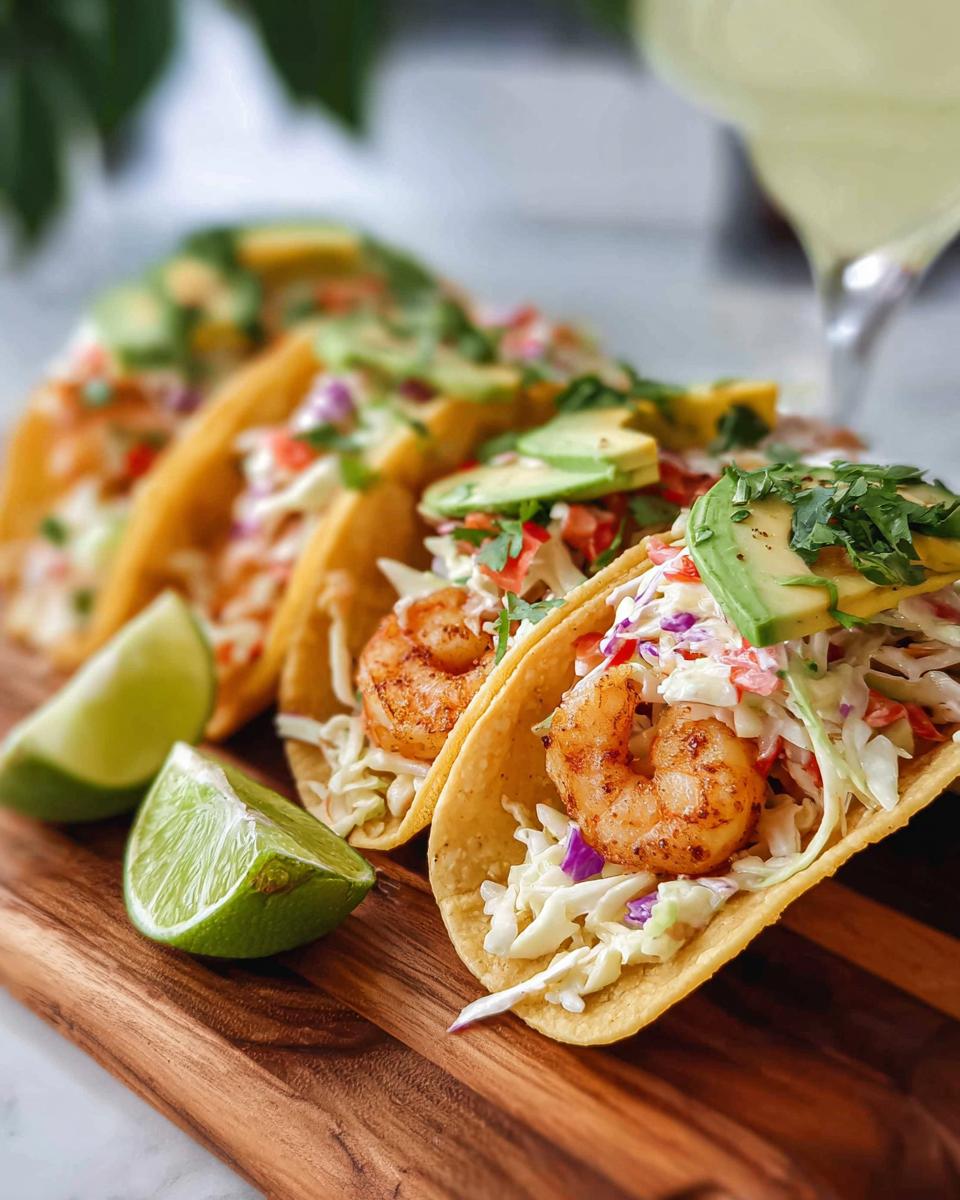 Close-up of three shrimp tacos with avocado, coleslaw, and lime wedges, perfect for quick shrimp recipes.