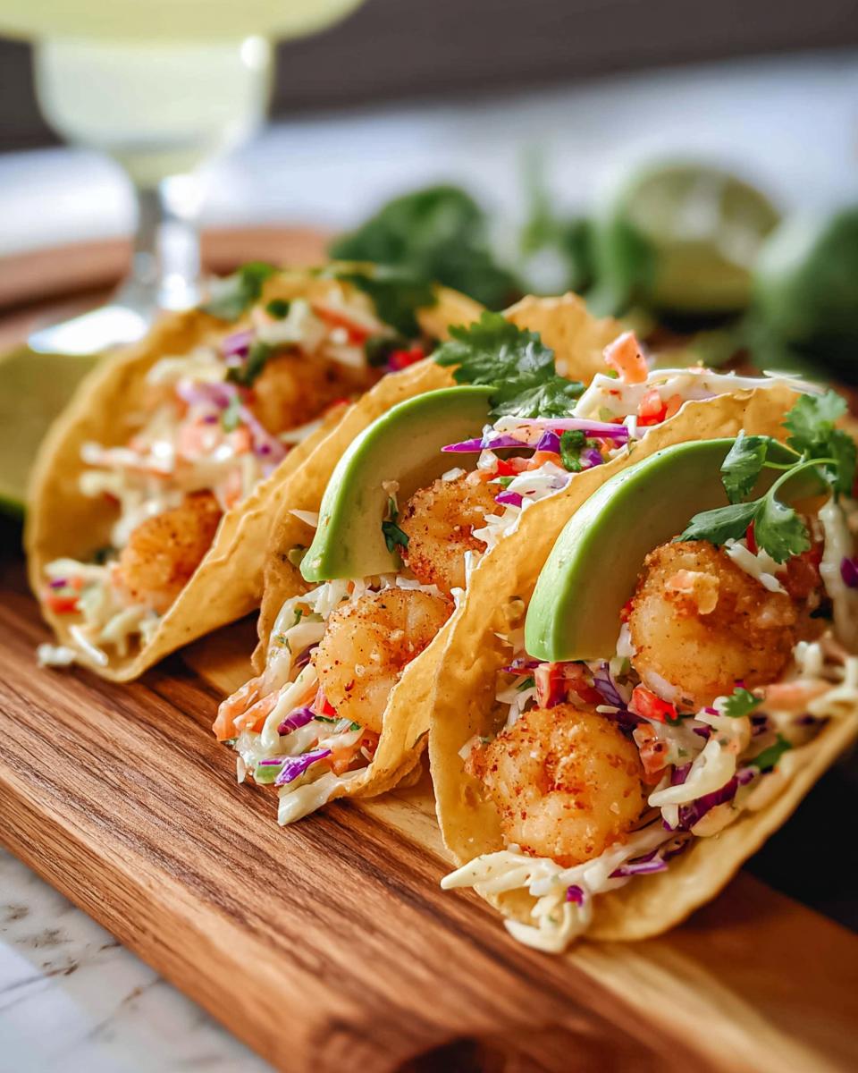Three crispy shrimp tacos filled with shredded cabbage, avocado slices, and cilantro, part of our shrimp recipes in 12 minutes.