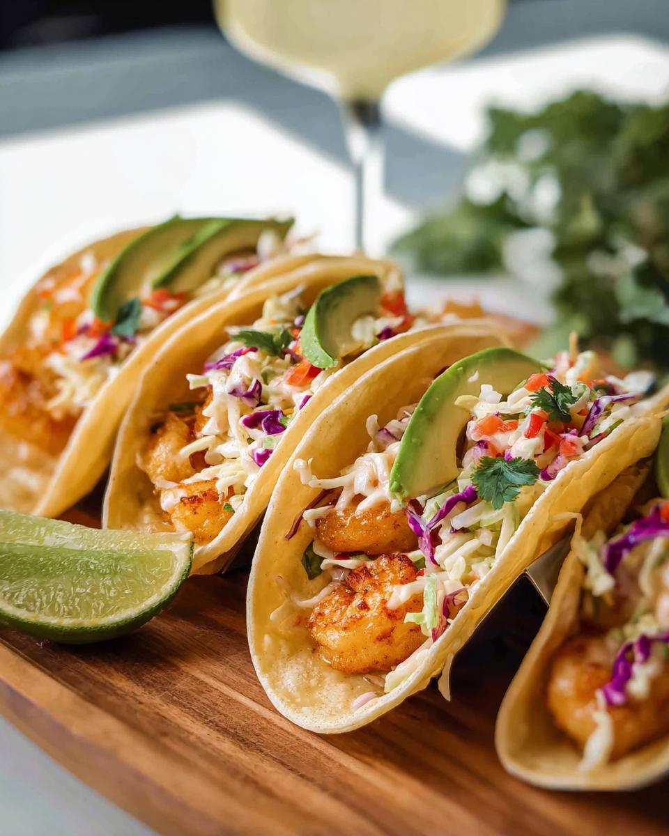 Close-up of three shrimp tacos on a wooden board, topped with avocado, cabbage slaw, and cilantro. Part of a fast shrimp recipe.