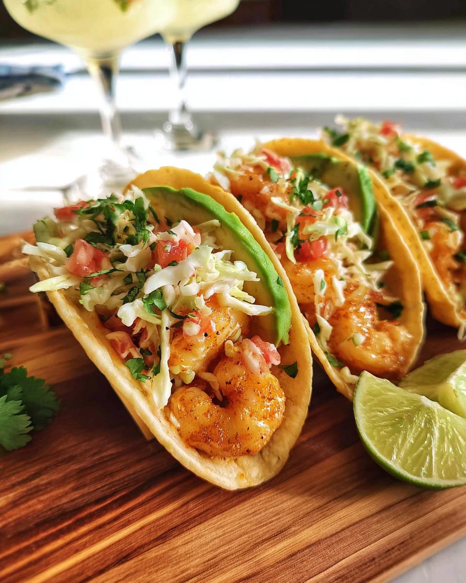 Close-up of three shrimp tacos filled with seasoned shrimp, avocado, coleslaw, and pico de gallo, served with lime wedges.