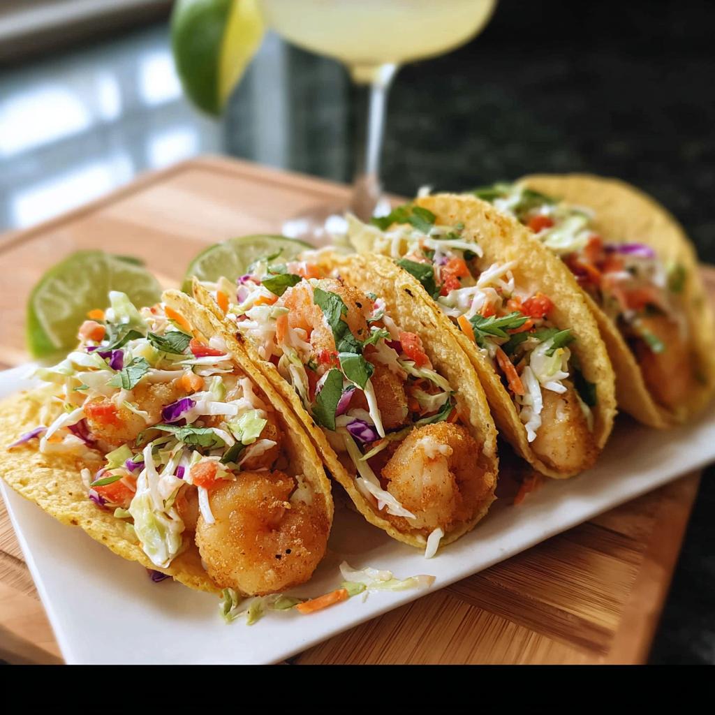 Four delicious shrimp tacos filled with crispy shrimp, fresh slaw, and cilantro, perfect for quick shrimp recipes.