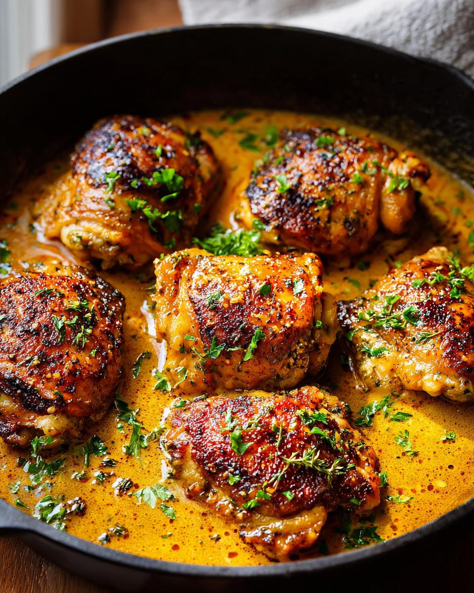 Close-up of pan-seared chicken thighs in a rich, creamy sauce, garnished with fresh herbs. A perfect example of quick chicken thigh recipes.