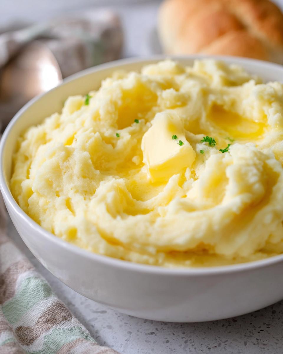 A close-up of creamy mashed potatoes in a white bowl, topped with melting butter and fresh parsley. Part of a weeknight winner recipe.