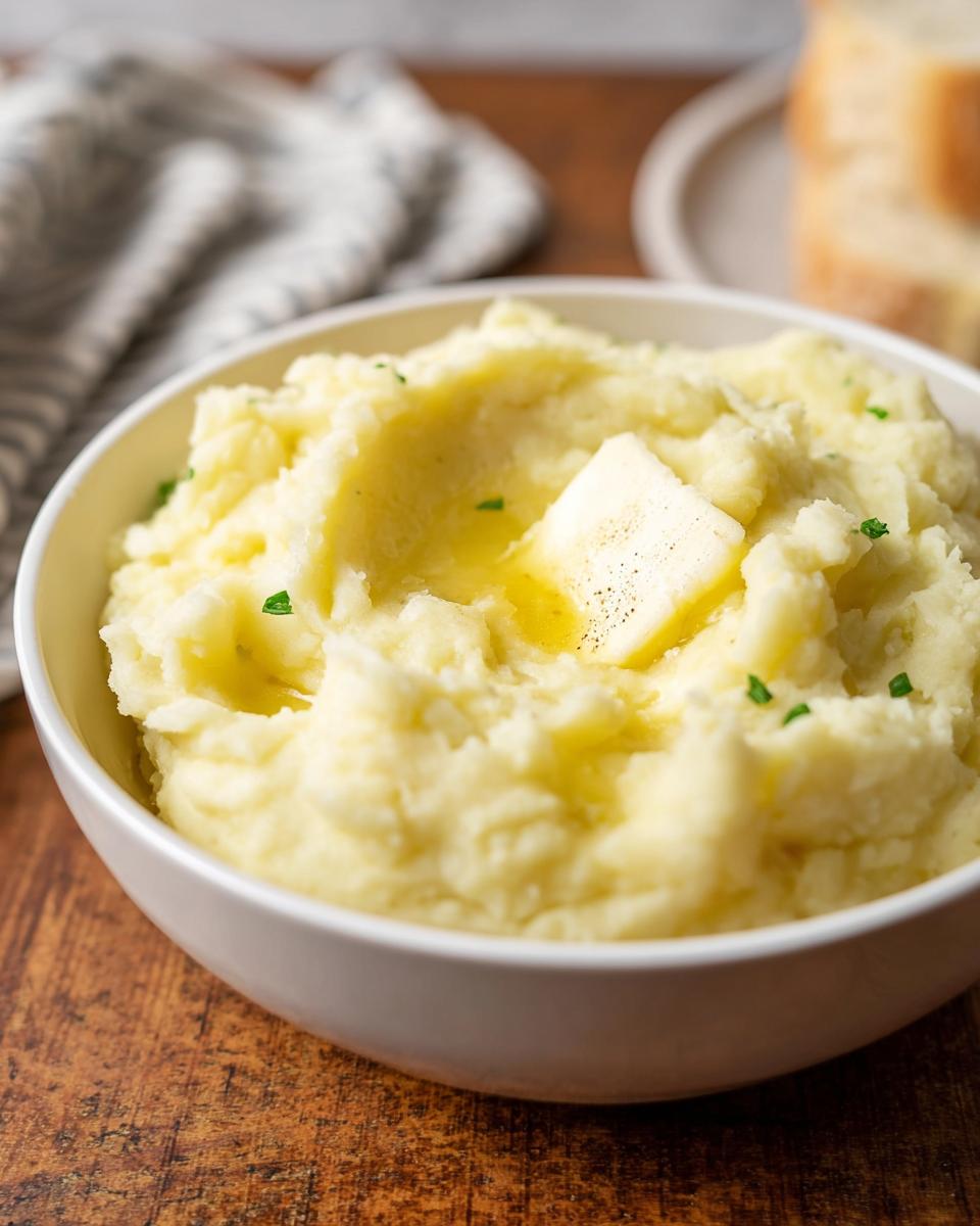 A bowl of creamy mashed potatoes topped with a pat of butter and sprinkled with parsley. Part of Mashed Potatoes Recipes in 20 Minutes.