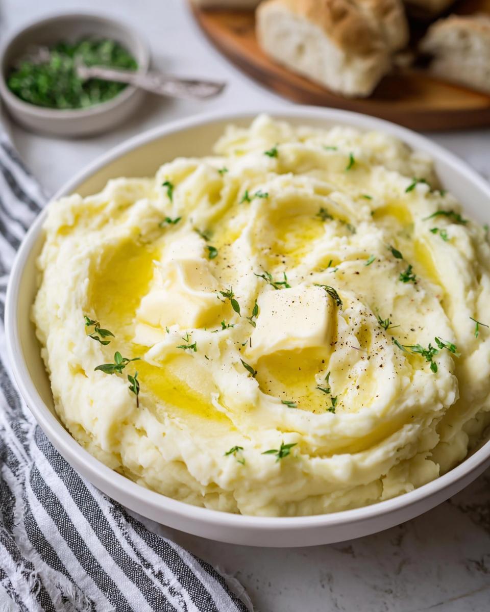 A close-up of a bowl of creamy mashed potatoes topped with melting butter, fresh herbs, and black pepper.