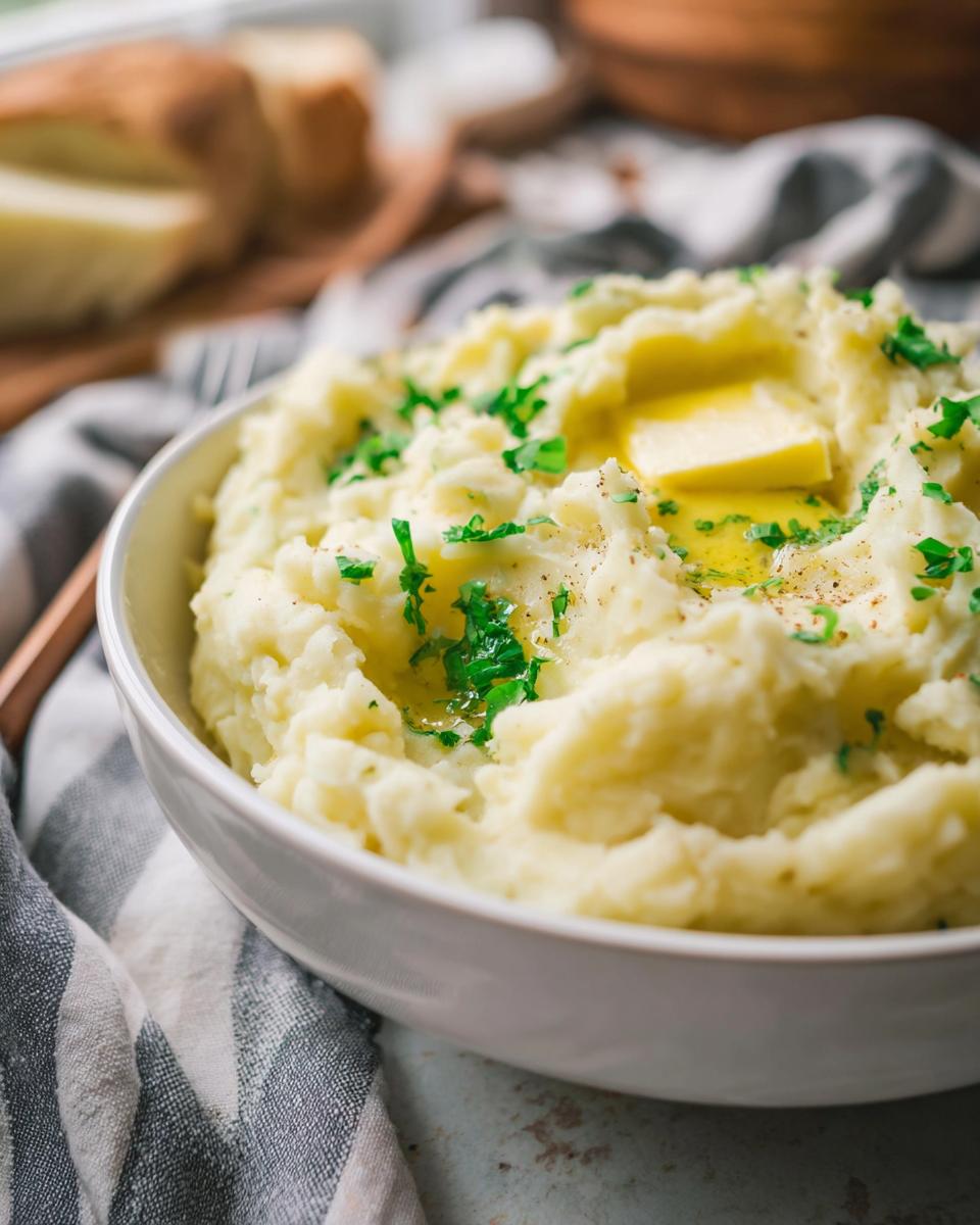 A close-up of creamy mashed potatoes topped with melting butter and fresh parsley, part of Mashed Potatoes Recipes in 20 Minutes.
