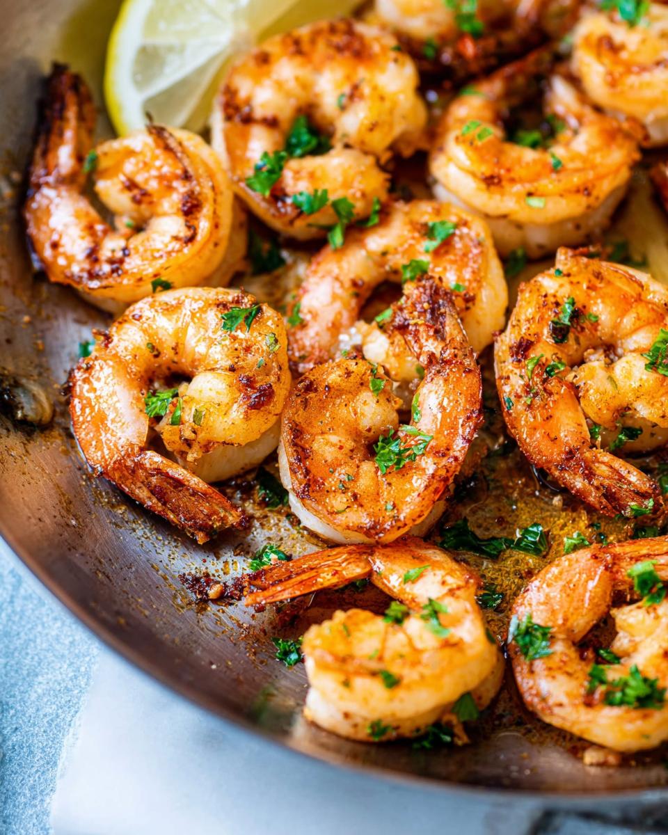 Close-up of pan-seared shrimp with garlic butter and parsley, a lemon wedge in the background.