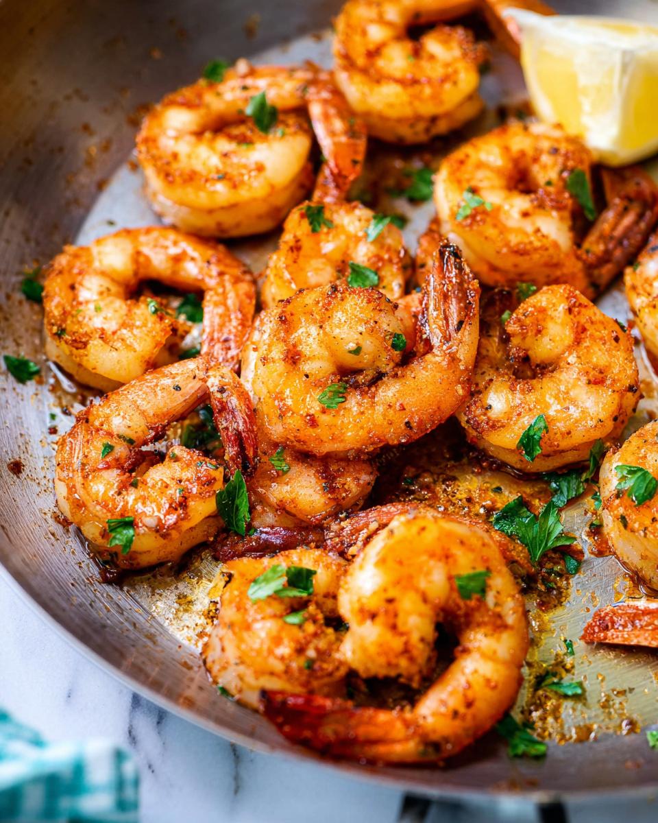 Close-up of seasoned shrimp cooked in a pan, garnished with parsley and a lemon wedge.