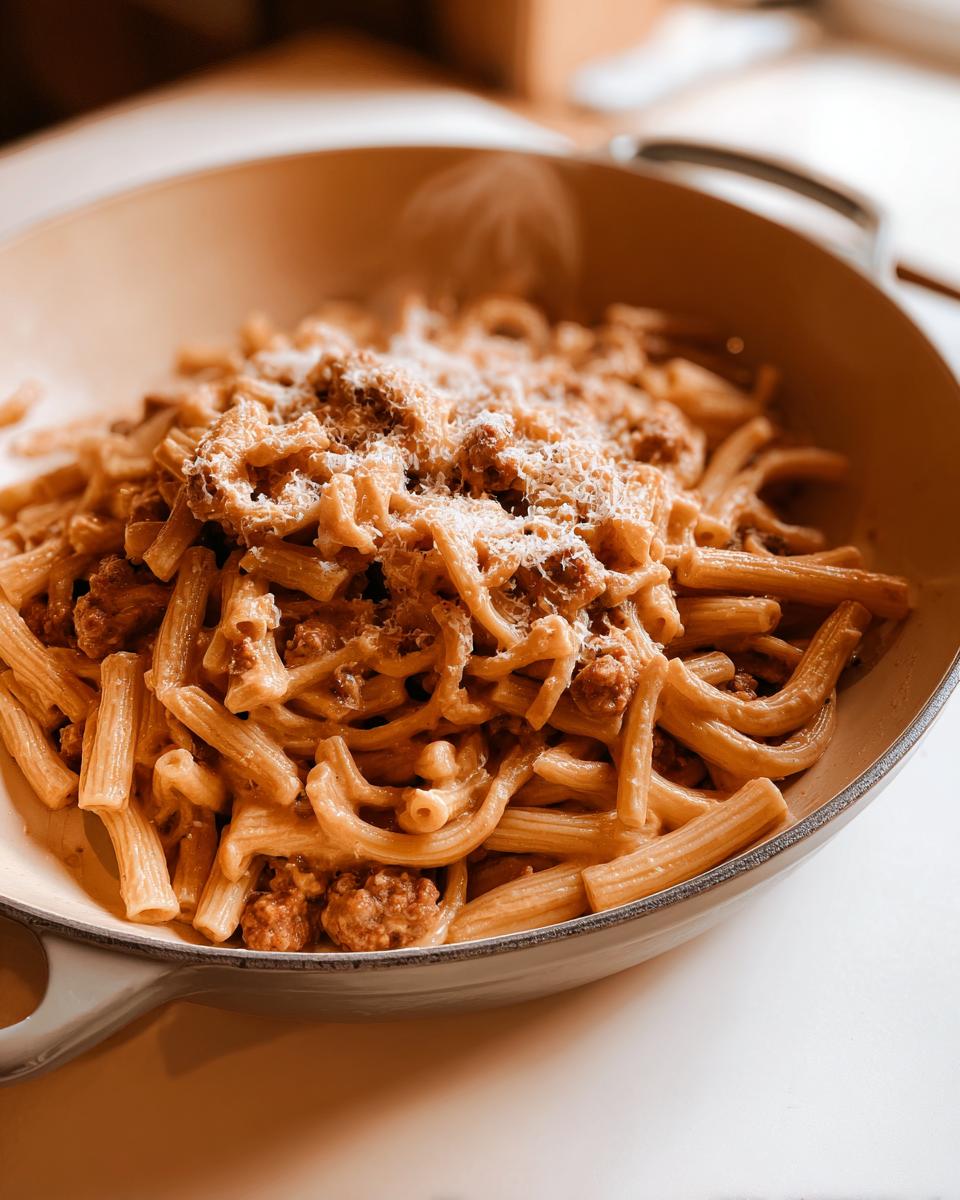 A close-up of a creamy pasta dish with crumbled meat sauce and grated cheese, perfect for busy weeknights.
