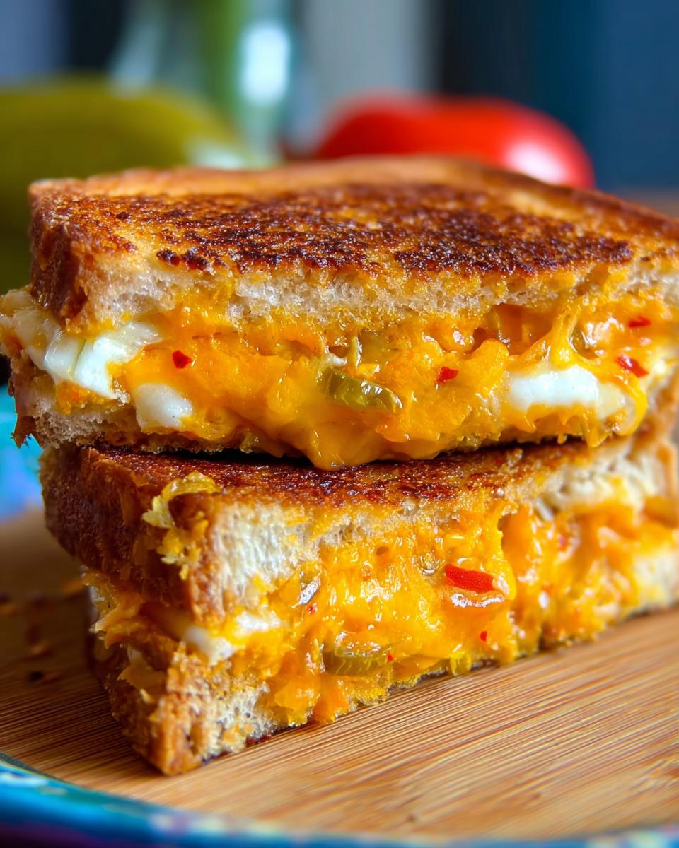 A close-up of a perfectly grilled cheese sandwich, oozing with melted cheese and visible pieces of jalapeños and red peppers.