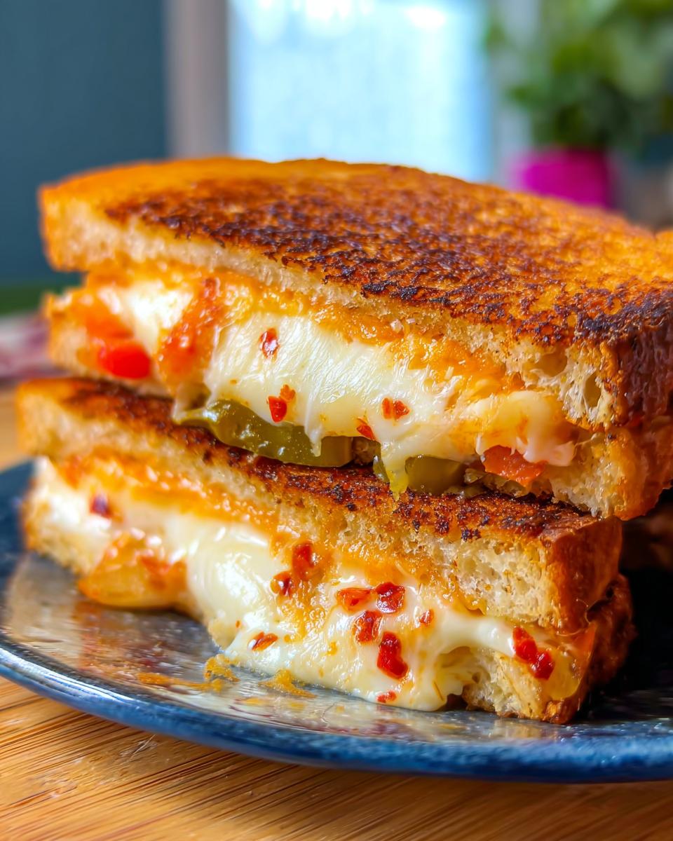 A close-up of a spicy grilled cheese sandwich, oozing with melted cheese and red pepper flakes.