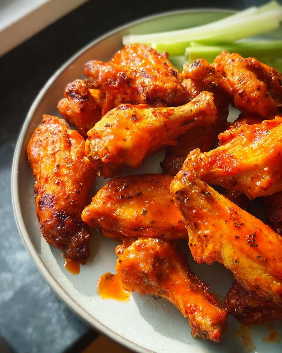 A plate of glossy, spicy chicken wings with celery sticks, perfect for busy weeknights.