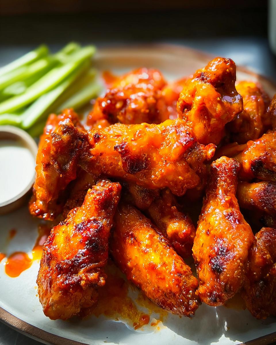 A plate of glossy, spicy chicken wings served with celery sticks and a small dish of dipping sauce, perfect for busy weeknights.