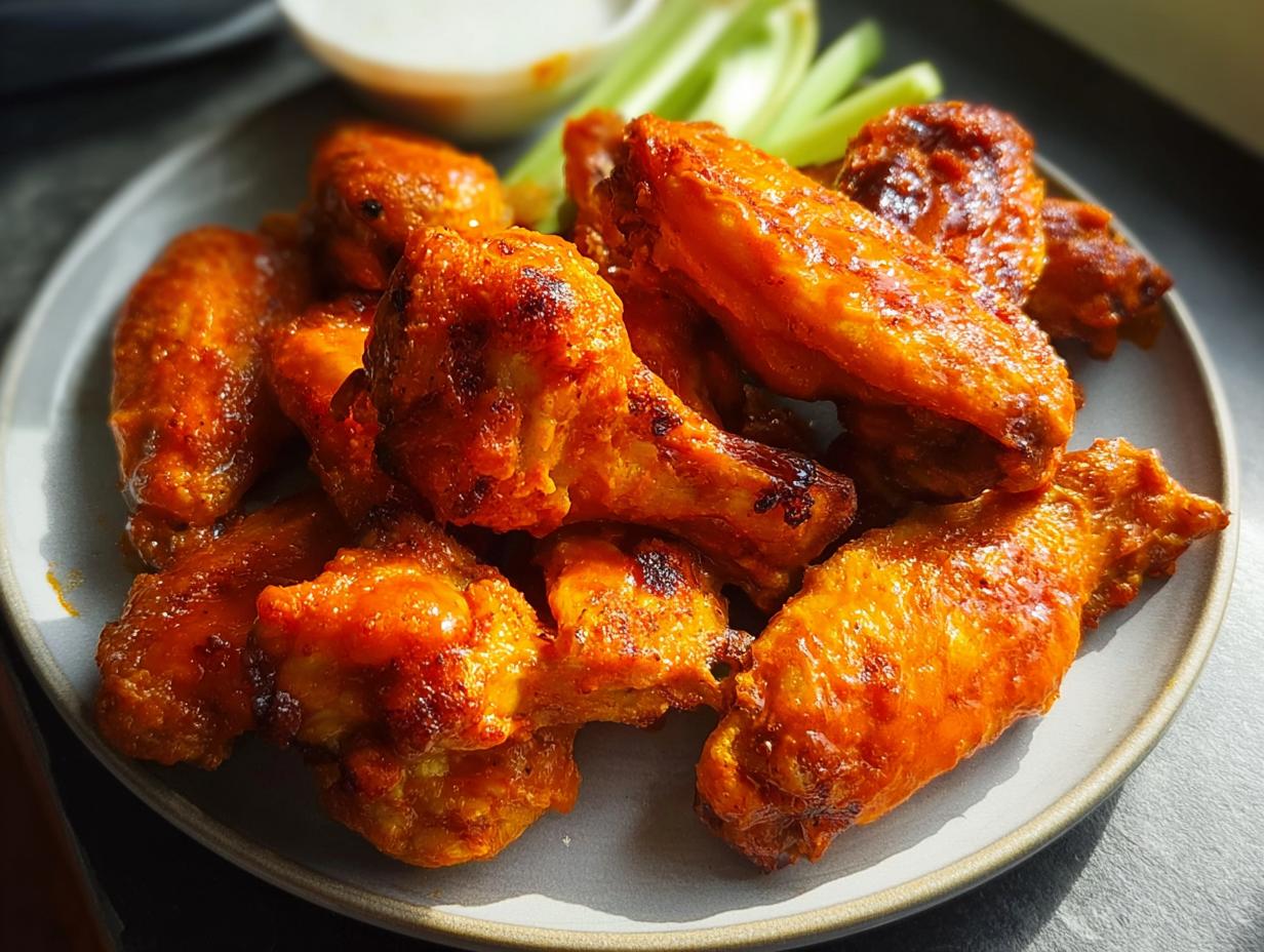 A plate of delicious, saucy chicken wings with celery sticks and a dipping sauce, perfect for busy weeknights.