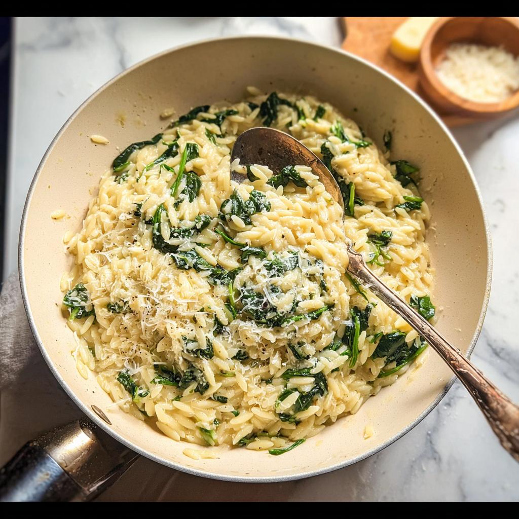 A close-up of creamy spinach orzo pasta in a pan, sprinkled with grated cheese. The Only Veggie Sides Recipes Recipe.