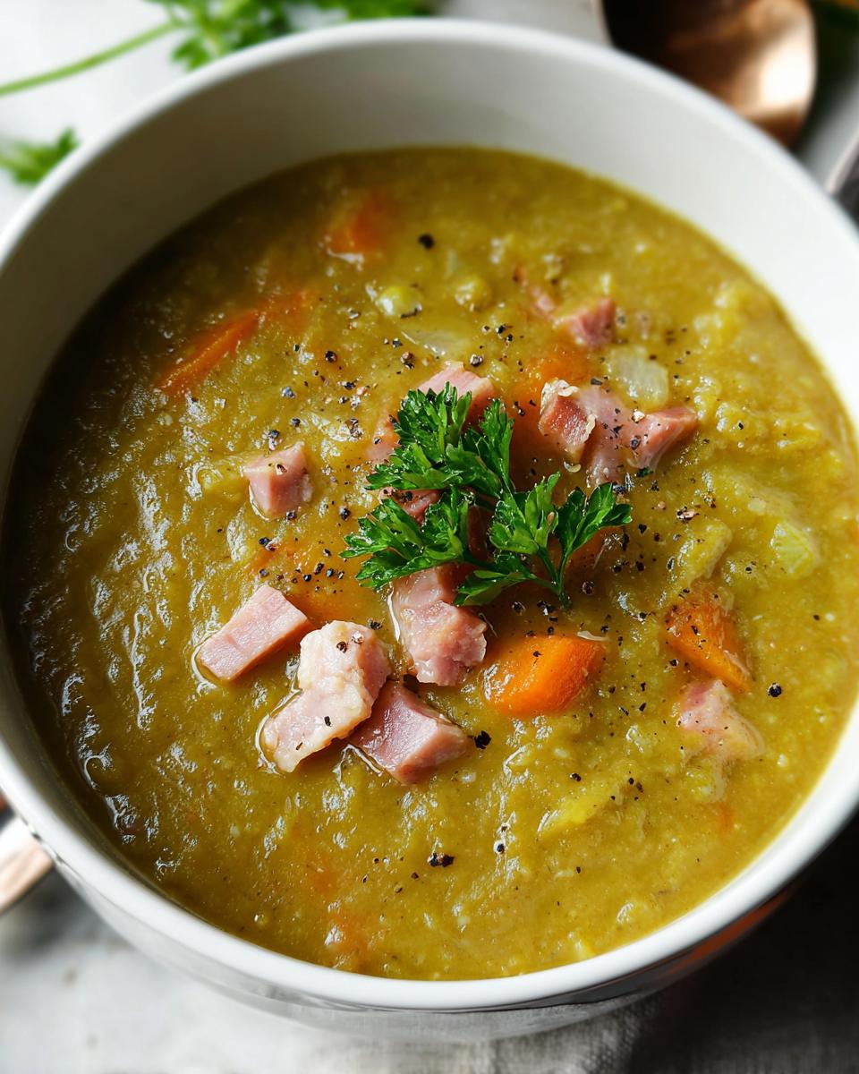 A close-up of a bowl of split pea soup, topped with diced ham, carrots, and fresh parsley.