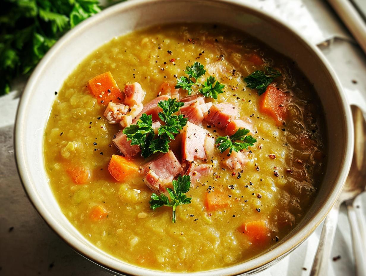 A bowl of hearty split pea soup with chunks of ham, carrots, and fresh parsley, seasoned with black pepper.
