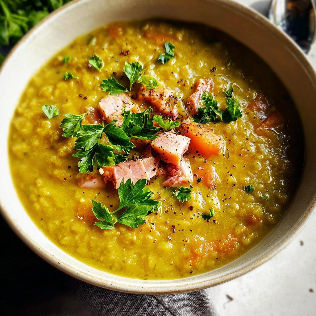 A bowl of delicious split pea soup recipe with chunks of ham and fresh parsley.
