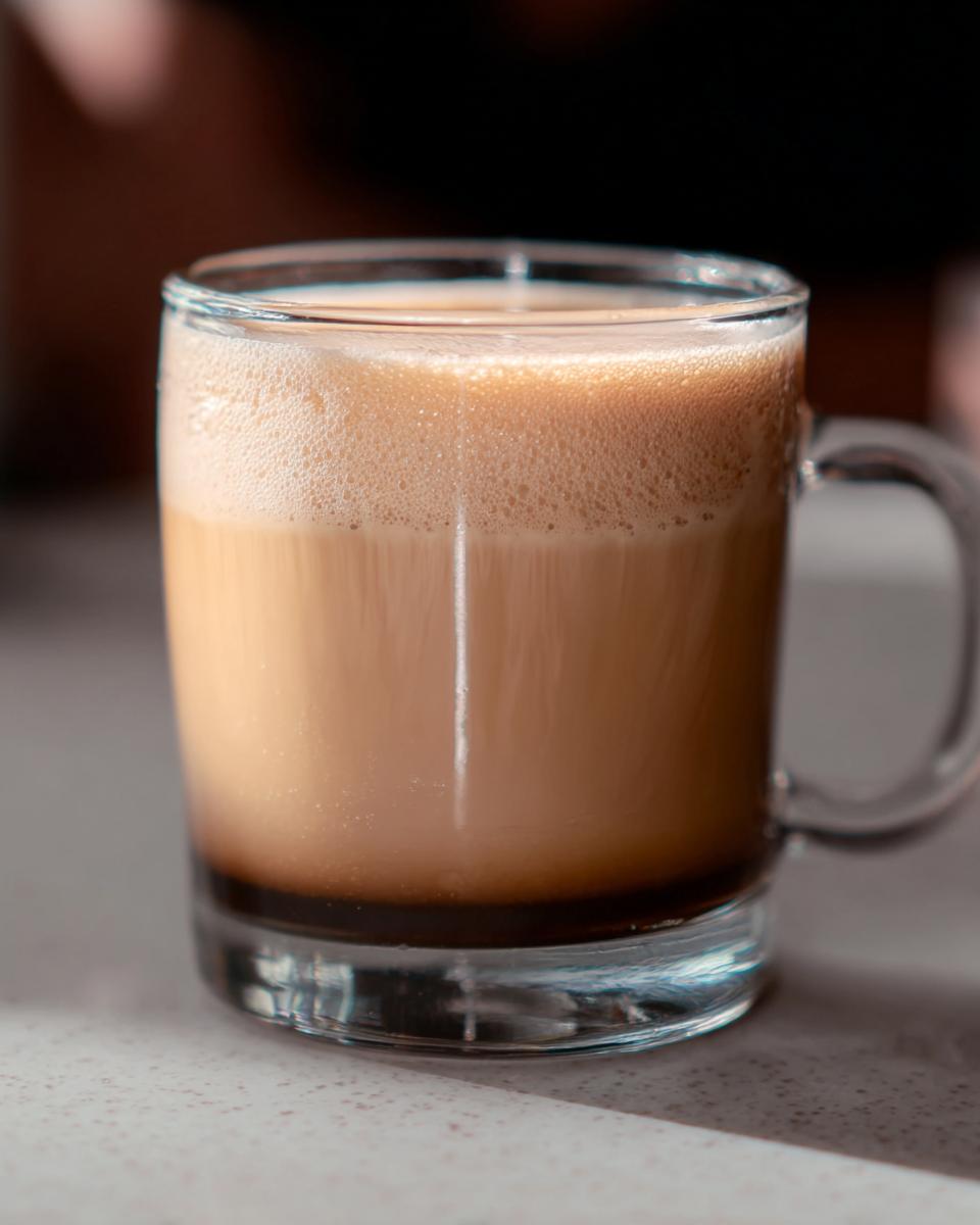 A clear glass mug filled with a frothy, layered Starbucks drink, perfect for busy weeknights.