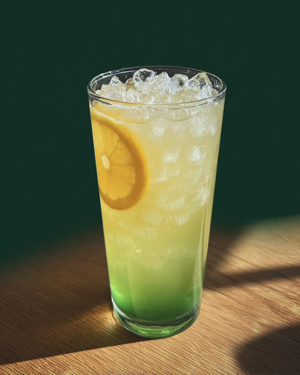 A tall glass of iced Starbucks drink with a lemon slice and a green layer at the bottom.