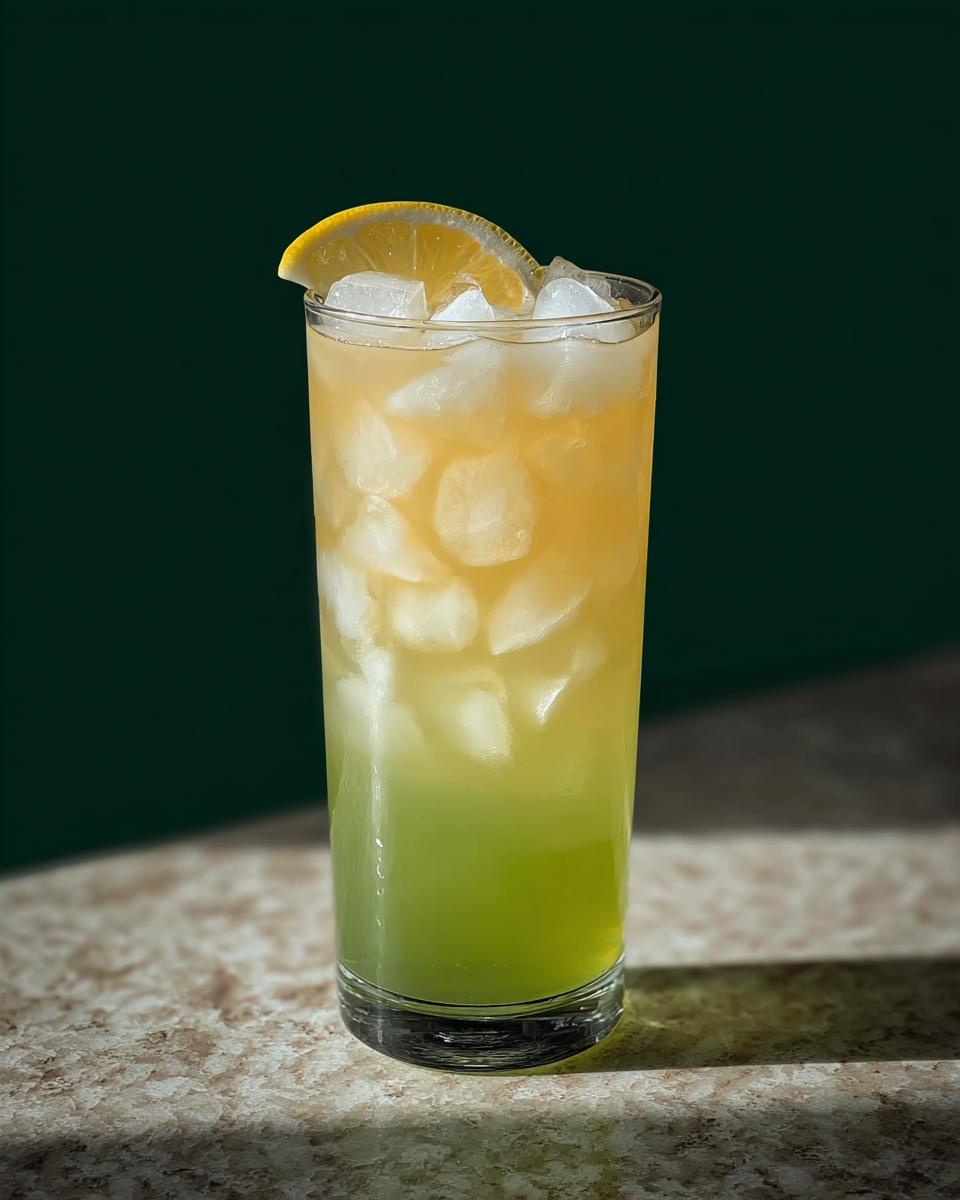 A tall glass filled with ice, layered yellow and green liquids, and topped with a lemon slice. One of the 20-Ingredient Starbucks Drinks Recipes.