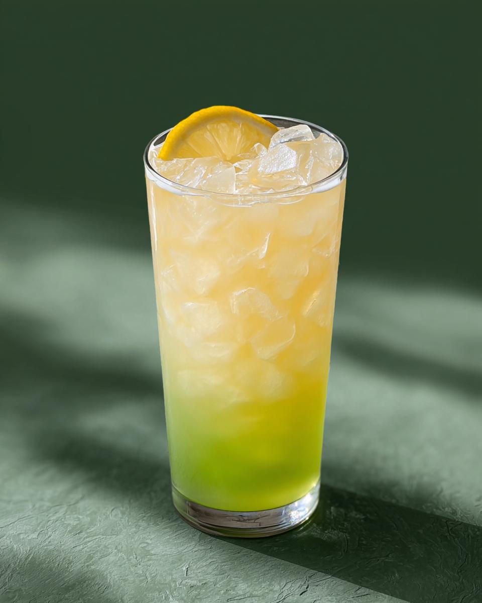 A tall glass filled with ice and a layered yellow and green Starbucks drink, garnished with a lemon slice.