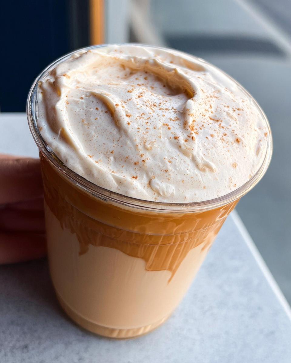A delicious Starbucks drink recipe at home, featuring a creamy whipped topping and a sprinkle of cinnamon.