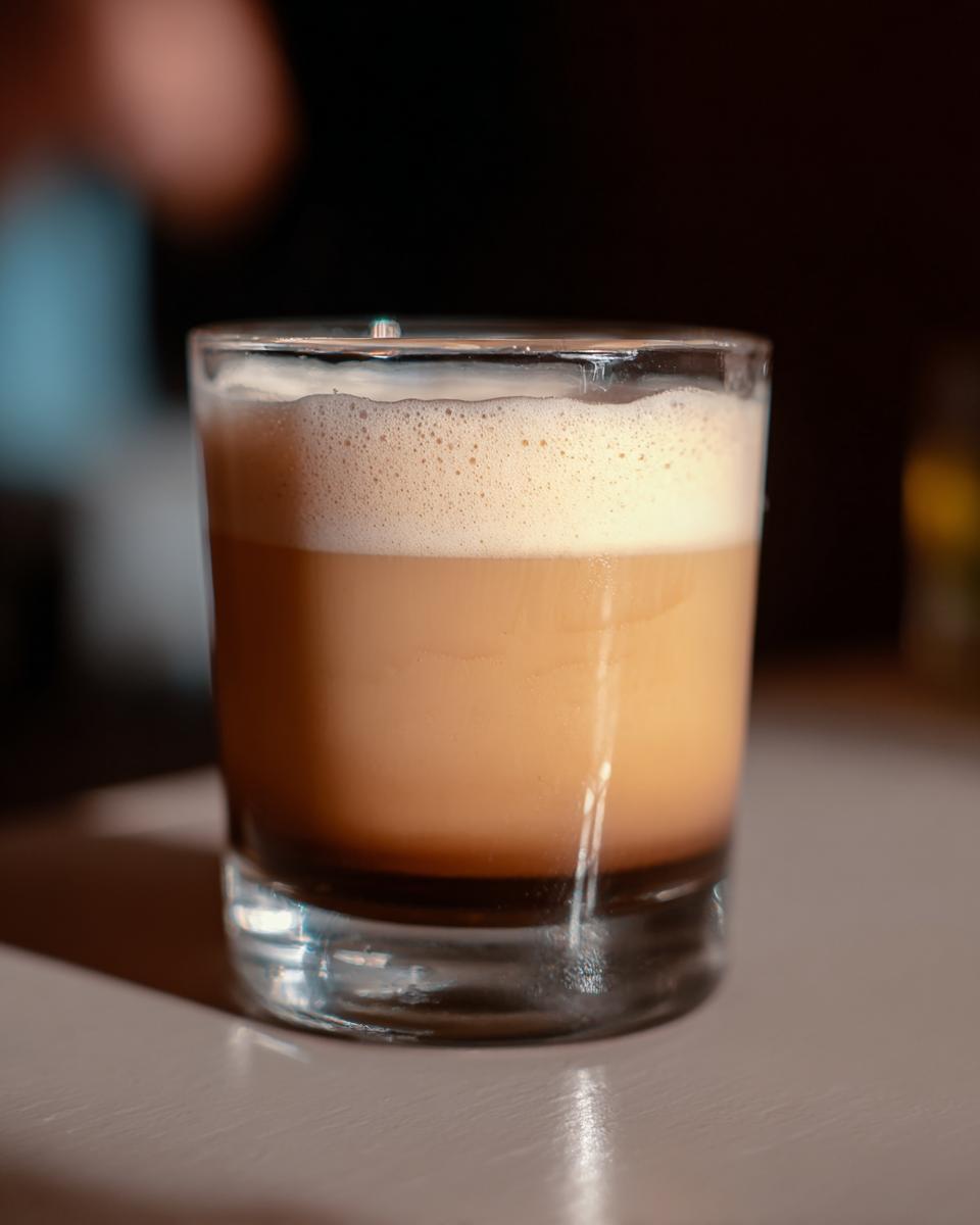A close-up of a layered Starbucks drink in a glass, with creamy foam on top.