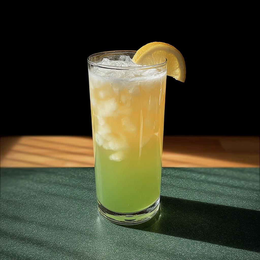 A tall glass filled with ice and a layered green and yellow Starbucks drink, garnished with a lemon slice.