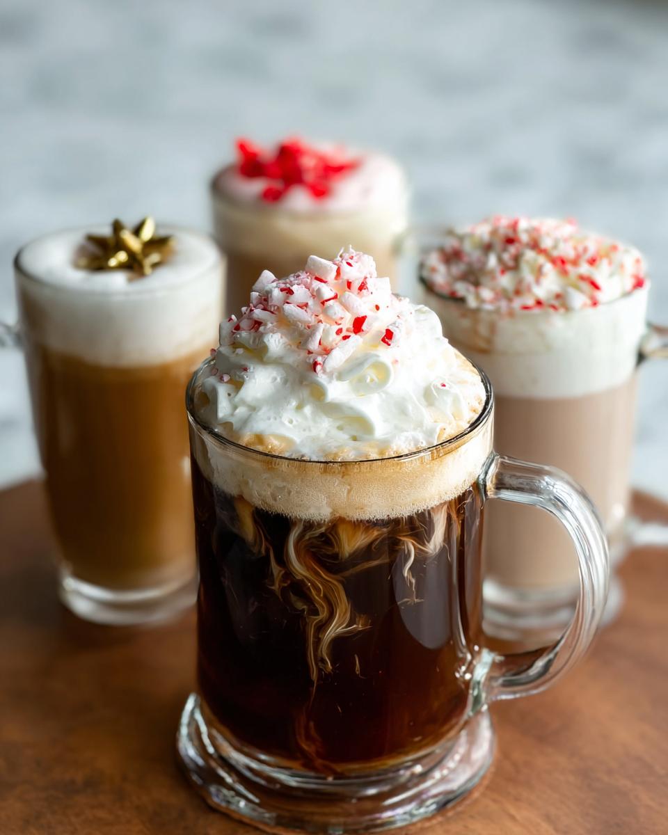 A variety of Starbucks drinks recipes, including a coffee with whipped cream and crushed candy canes, and other festive beverages.