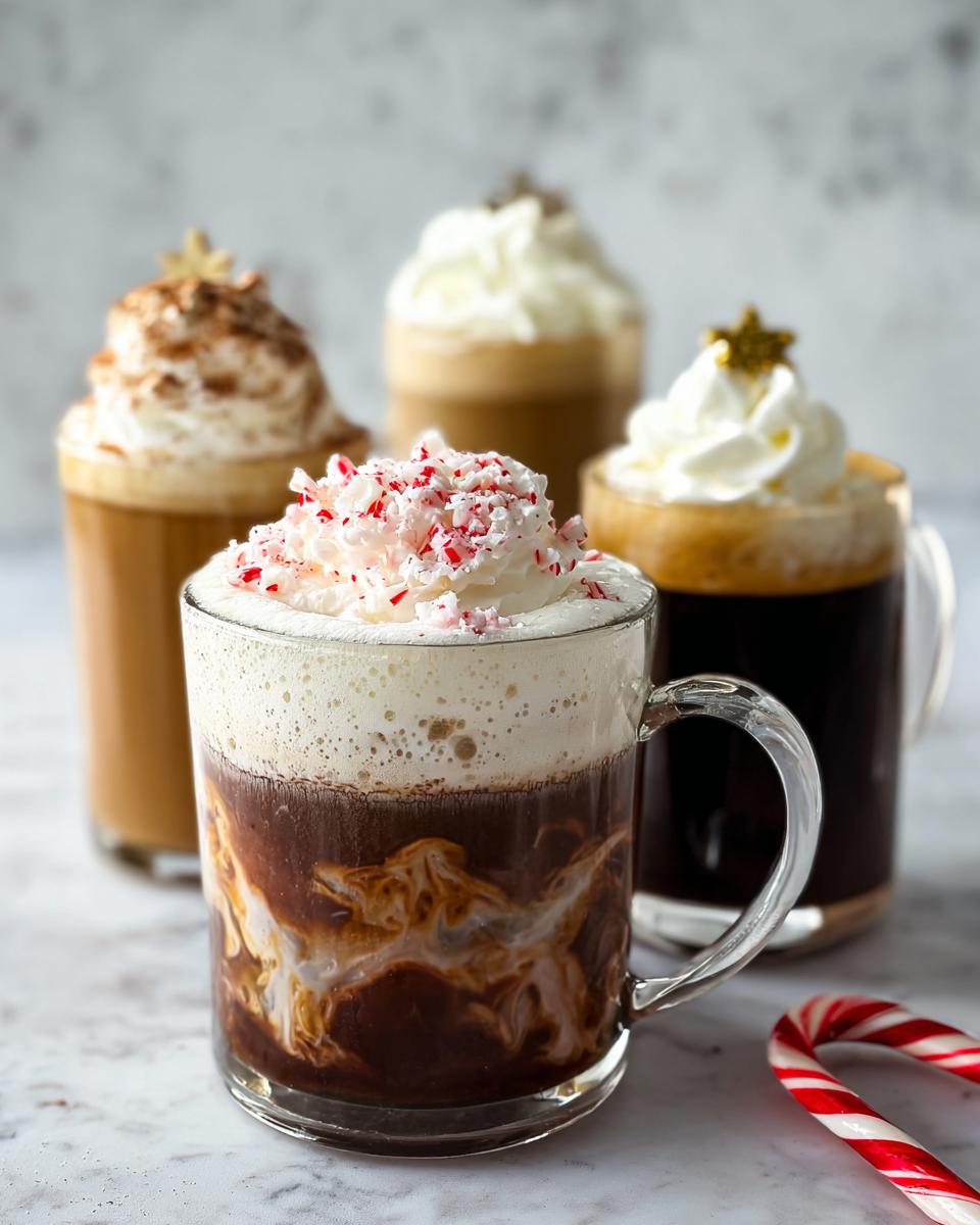 A variety of Starbucks drinks recipes, including a peppermint mocha topped with whipped cream and crushed candy canes.