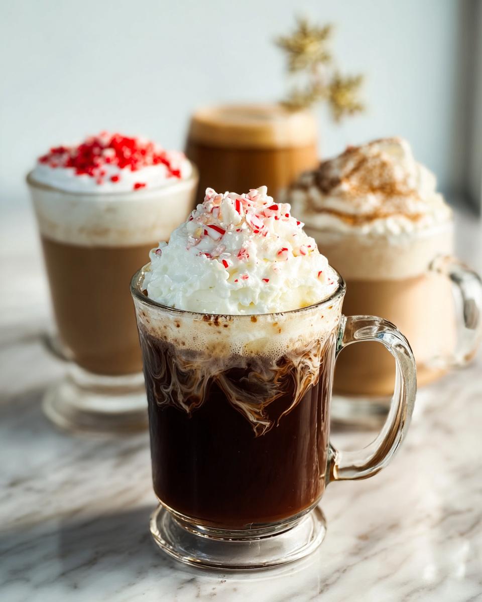 Close-up of a Starbucks Peppermint Mocha recipe with whipped cream and crushed candy canes, other Starbucks drinks recipes in background.