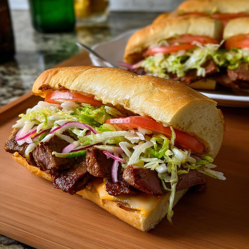 A close-up of a steak sandwich with lettuce, tomato, onion, and cheese, part of 7-Ingredient Sandwich Ideas Recipes.