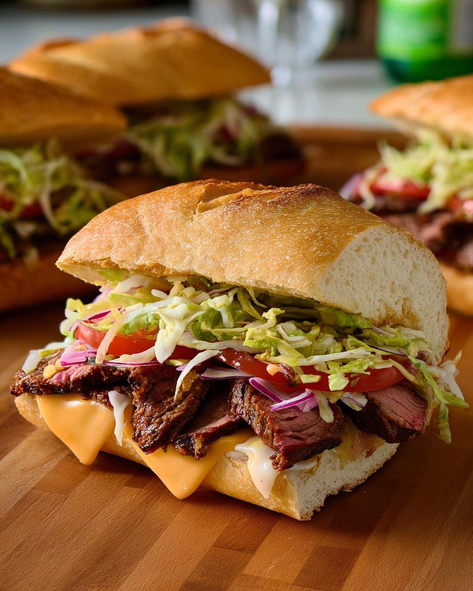 Close-up of a steak sandwich with melted cheese, lettuce, tomato, and red onion, part of 7-Ingredient Sandwich Ideas Recipes.