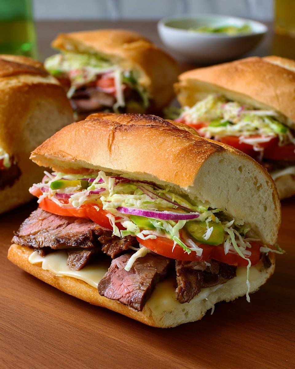 Close-up of a steak sandwich with cheese, tomatoes, onions, and shredded lettuce on a baguette.
