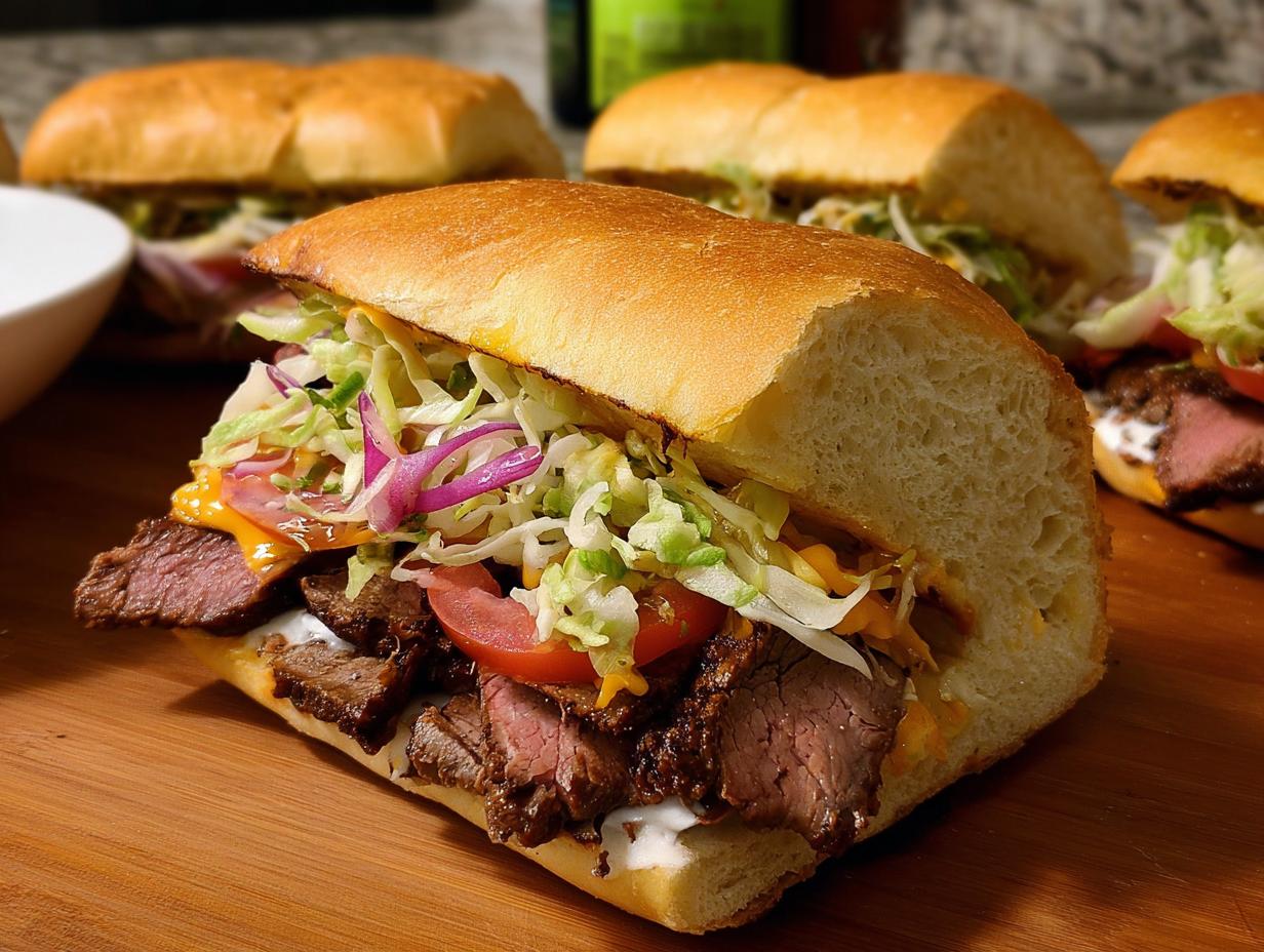 Close-up of a hearty steak sandwich with lettuce, tomato, onion, and cheese, part of 7-Ingredient Sandwich Ideas.