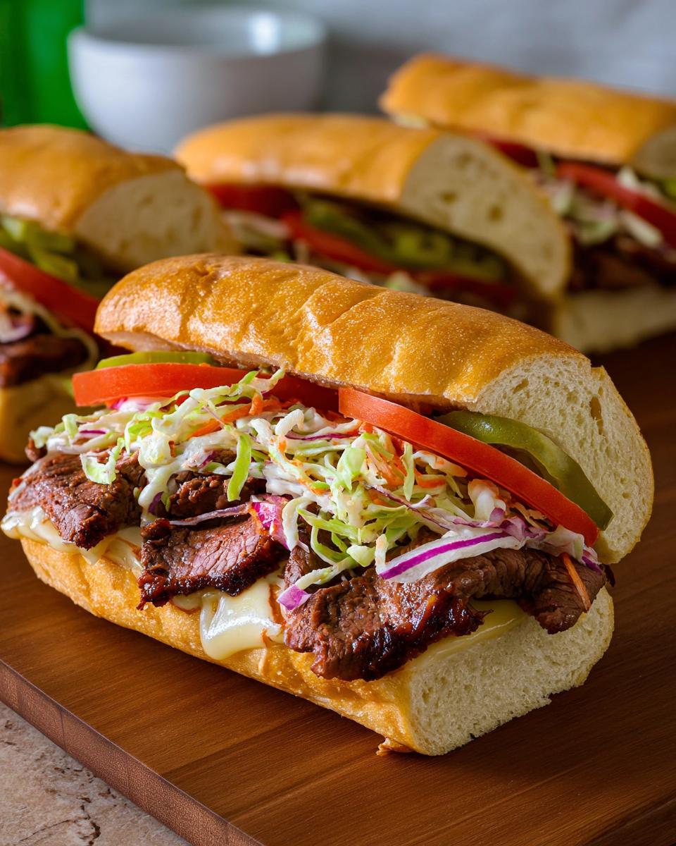Close-up of a steak sandwich with melted cheese, coleslaw, tomato, and pickles, part of 7-Ingredient Sandwich Ideas Recipes.