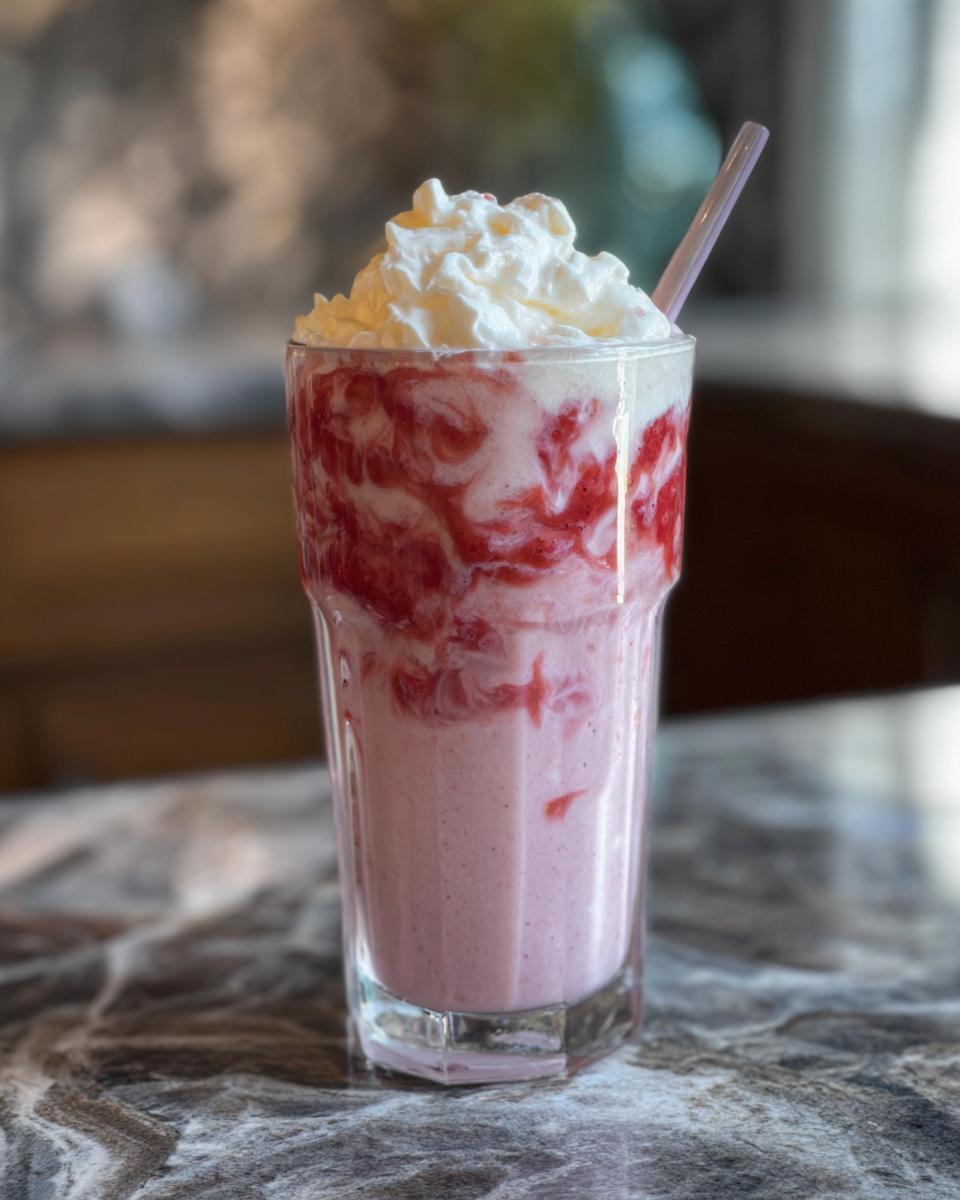 A tall glass filled with a pink strawberry frappuccino, swirled with strawberry sauce and topped with whipped cream and a straw.