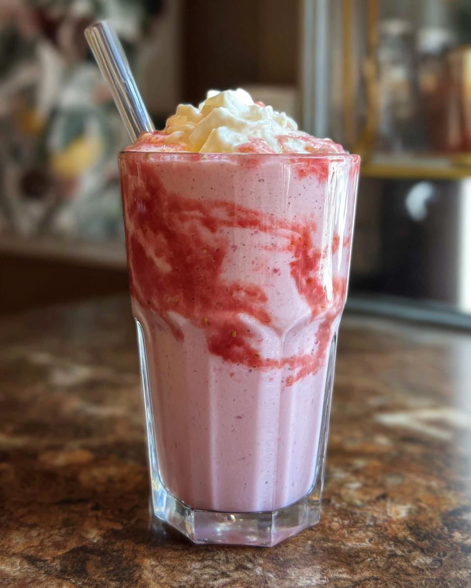 Close-up of a strawberry frappuccino with whipped cream and a straw, a Starbucks drink copycat recipe.