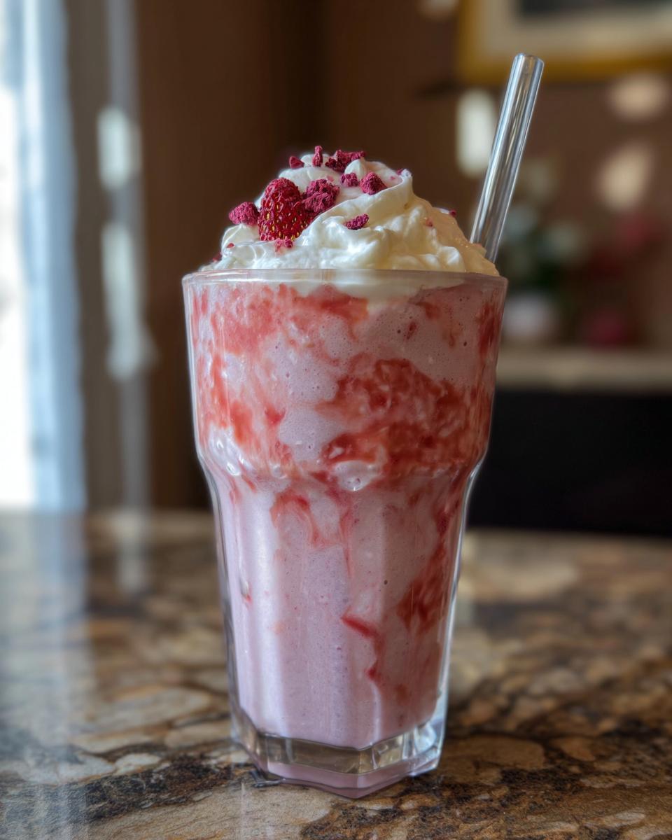 A refreshing strawberry frappuccino with whipped cream and freeze-dried strawberries, perfect for when you crave Starbucks drinks.
