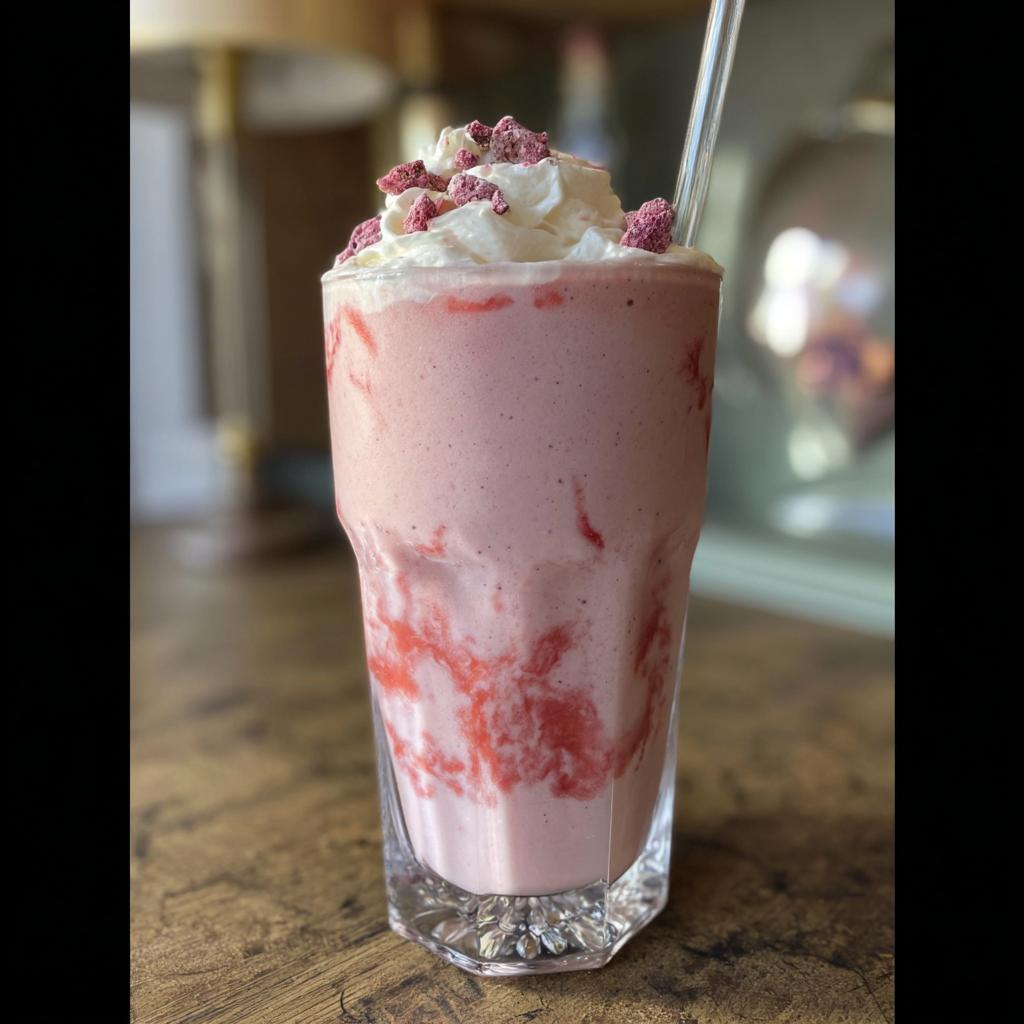 A delicious homemade strawberry frappuccino with whipped cream and freeze-dried strawberries, inspired by Starbucks drinks recipes.