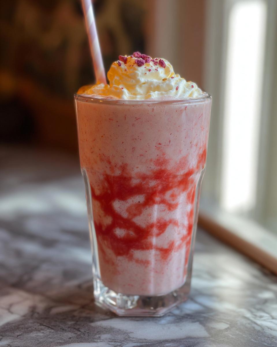 A refreshing strawberry smoothie with whipped cream and pink straw, perfect for when you crave Starbucks drinks.