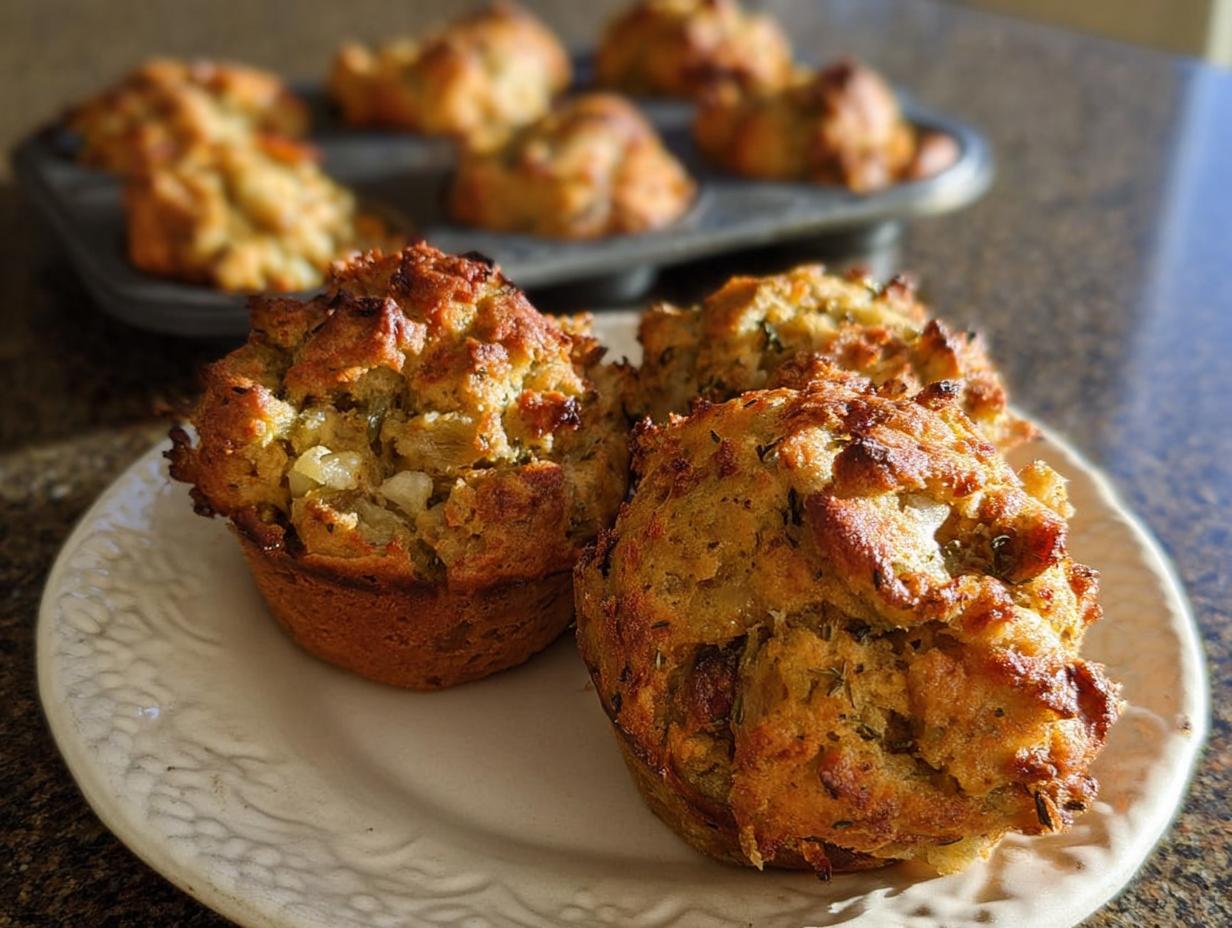 Close-up of golden-brown stuffing muffins on a white plate, part of The Ultimate Stuffing Recipes Guide.