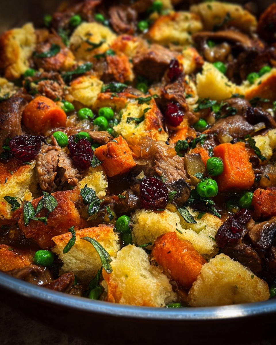 Close-up of a savory stuffing recipe with bread cubes, peas, carrots, mushrooms, and cranberries.