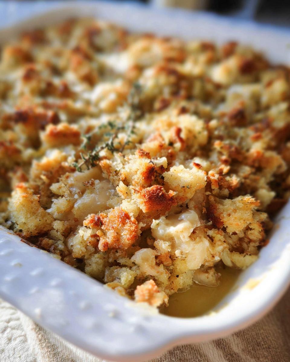 Close-up of a golden-brown baked stuffing recipe in a white dish, topped with herbs.