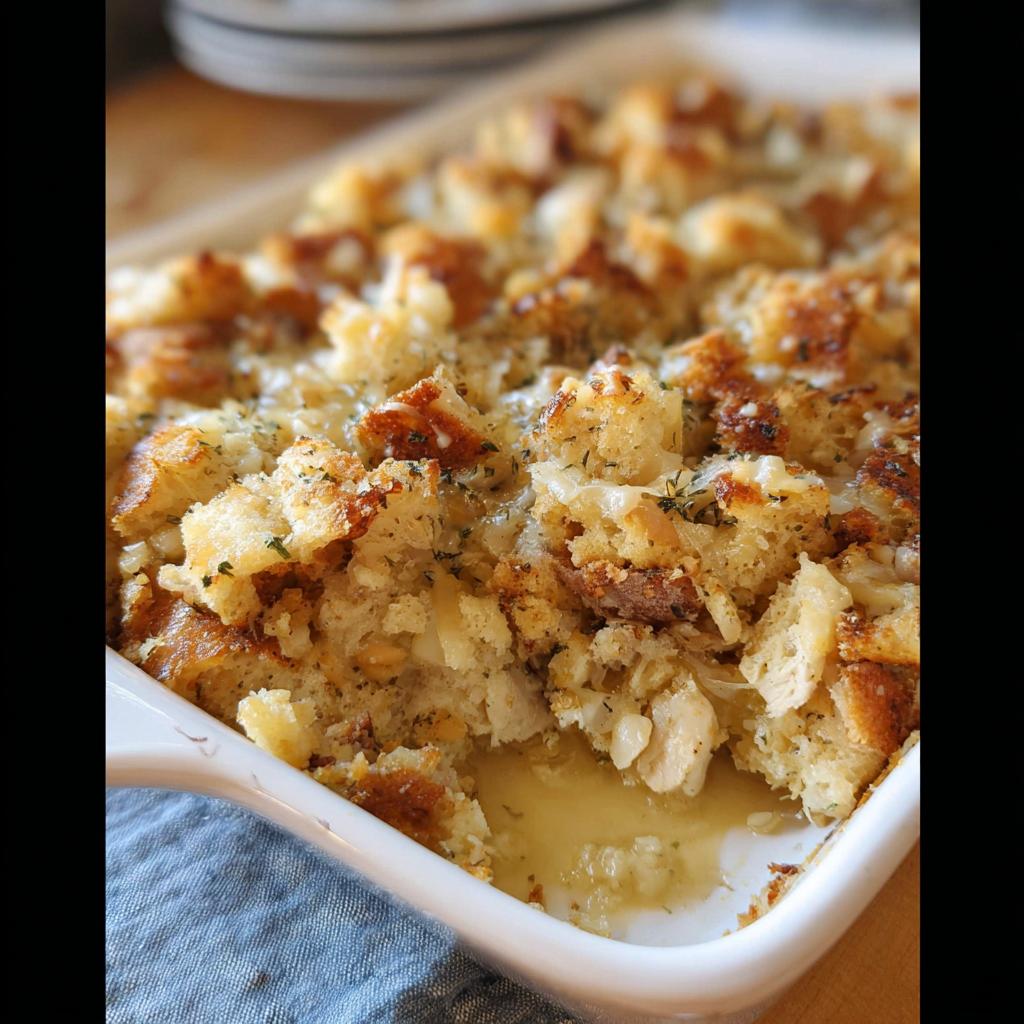 Close-up of a golden brown stuffing recipe baked in a white ceramic dish, with visible pieces of bread and herbs.
