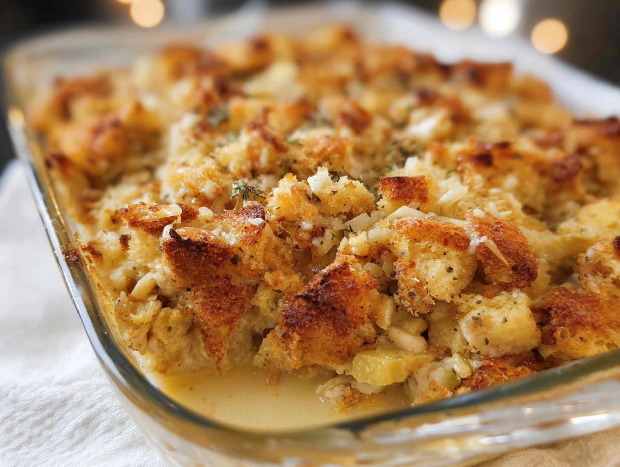 Close-up of a golden-brown baked stuffing recipe in a glass dish, featuring crispy bread cubes and herbs.