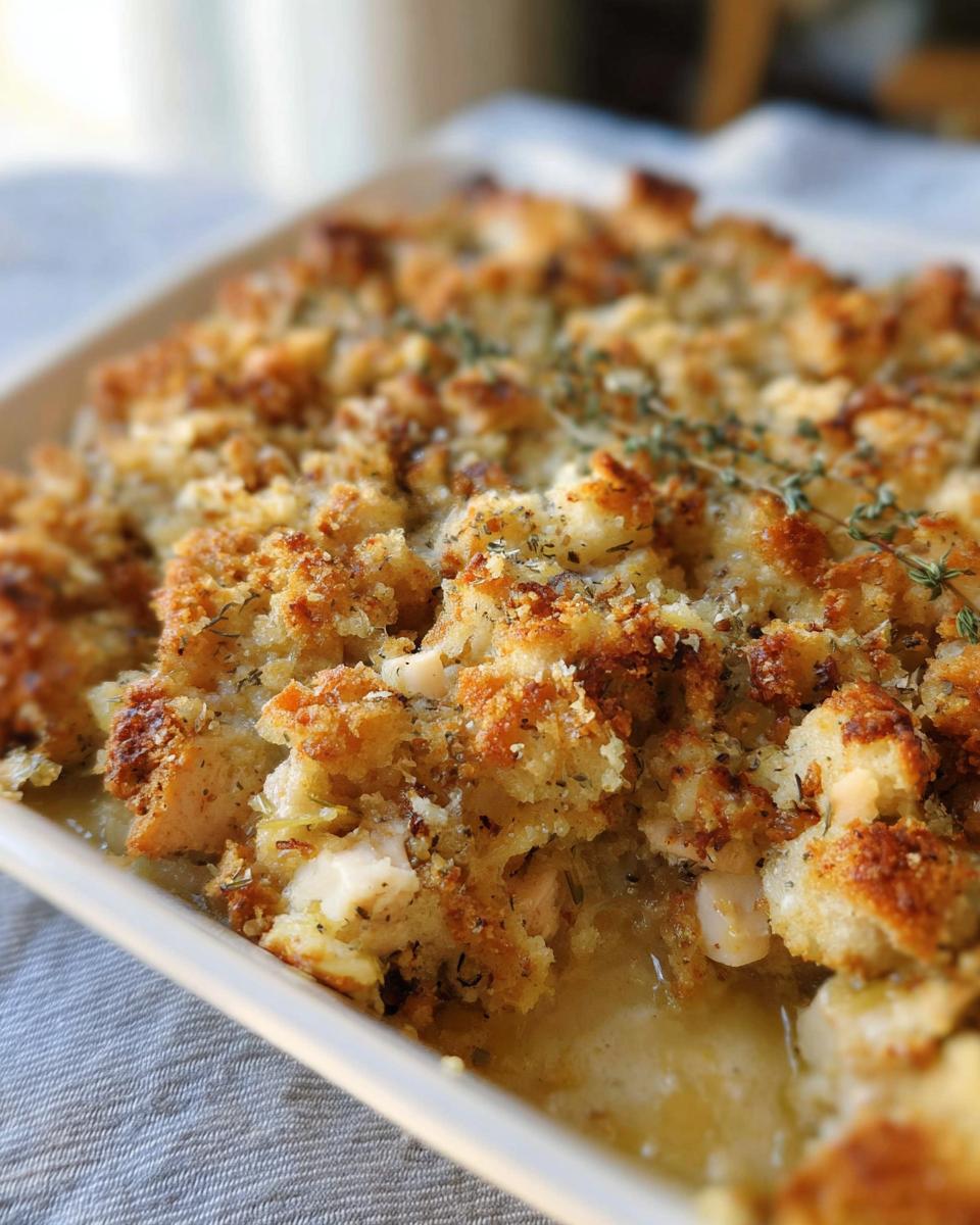Close-up of a baked stuffing recipe casserole with a golden-brown crust and visible herbs.