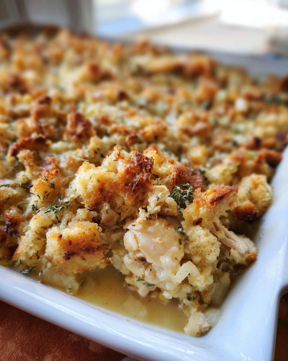 Close-up of a golden-brown baked stuffing recipe in a white casserole dish, with visible chunks of bread and herbs.